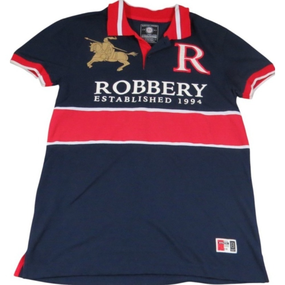 Bleecker & Mercer Polo Shirt Mens L Blue Red Robbery‎ Short Sleeve Bold Graphic